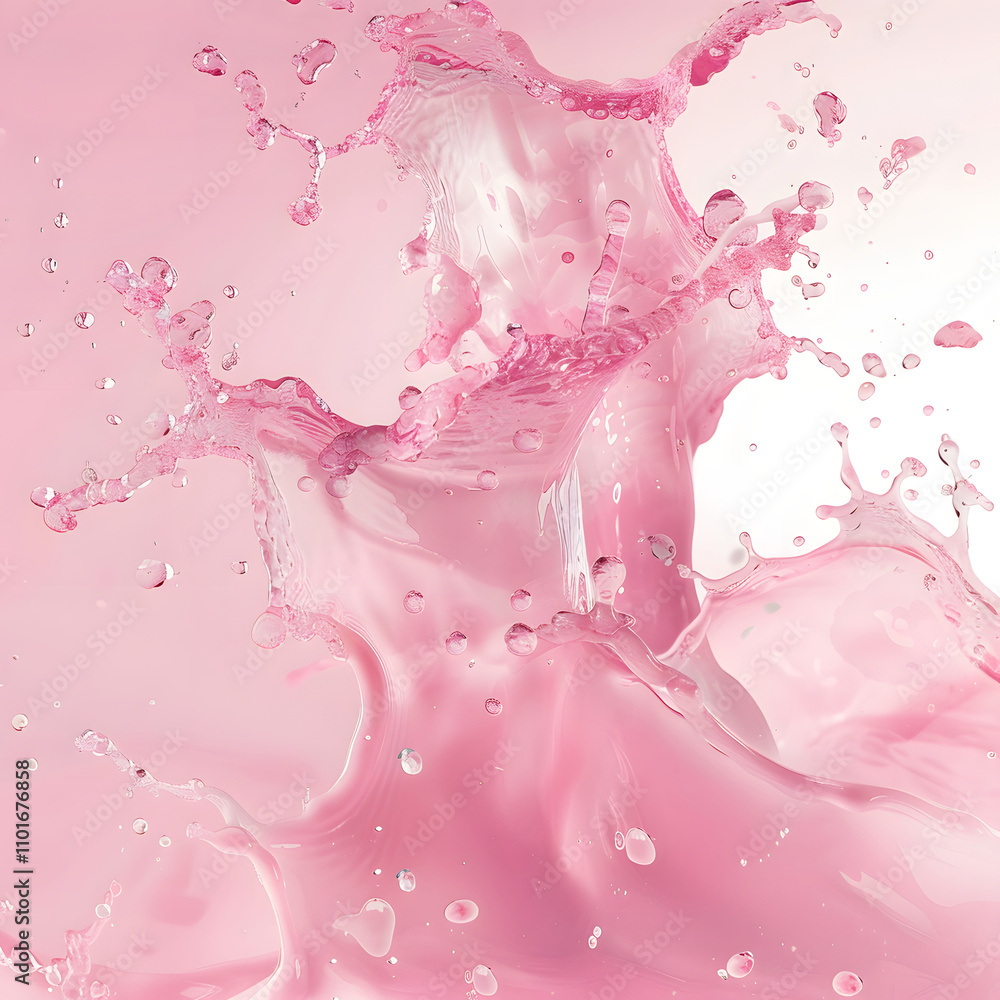 Aufkleber a splash of pink liquid creating dynamic shapes and droplets against a soft background.