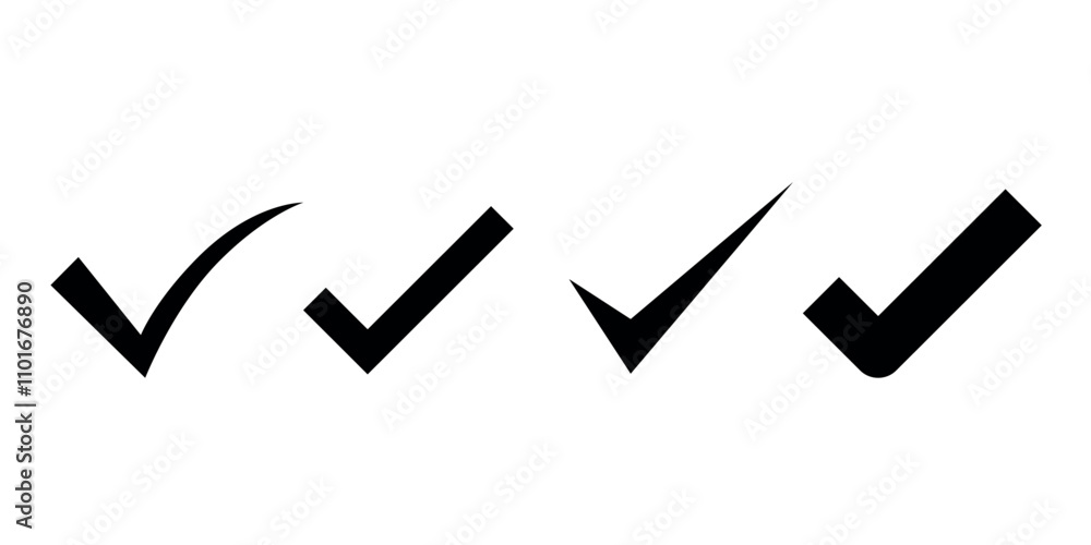 Poster set of black checkmark icons in various styles isolated on a white background.