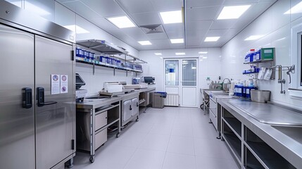 Sterile medical processing area with essential tools and containers for sanitation