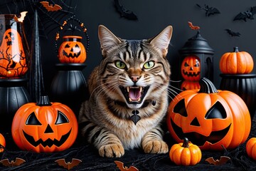 Fierce Cat Surrounded by Eerie Halloween Decor in Black and Orange Colors