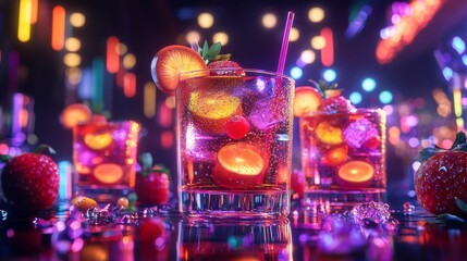 Vibrant cocktail creation nightclub beverage photography colorful atmosphere close-up celebration vibes for social sharing