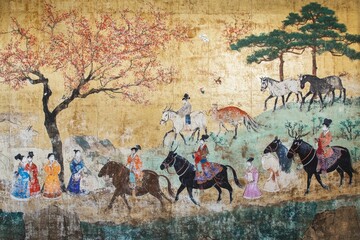 Naklejka premium Ancient Asian painting; people riding horses, gold background.