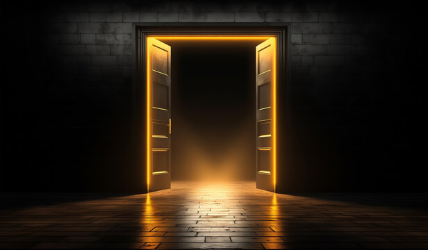 3D illustration of an open door with yellow light from the other side on a black background empty room