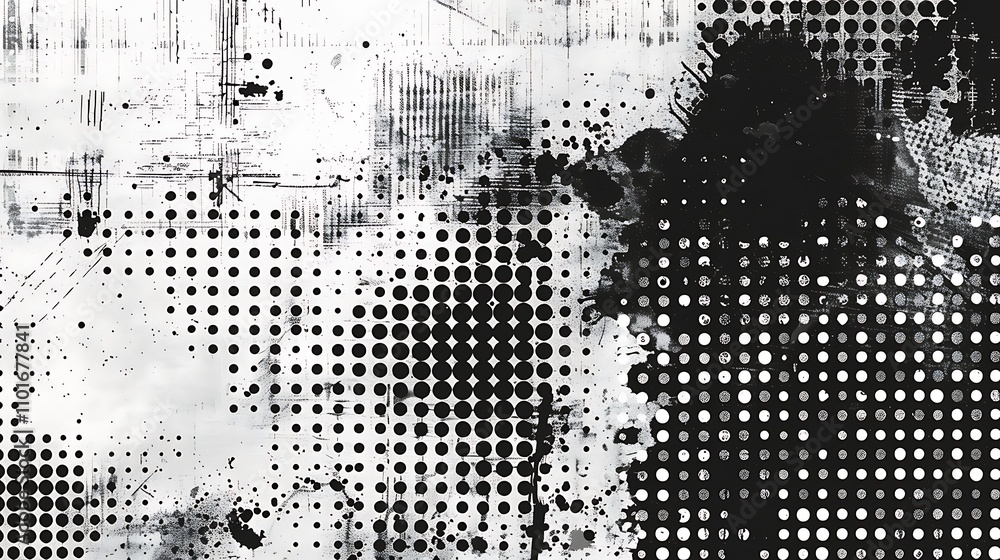Aufkleber abstract monochrome graphic featuring various textures and patterns in black and white.