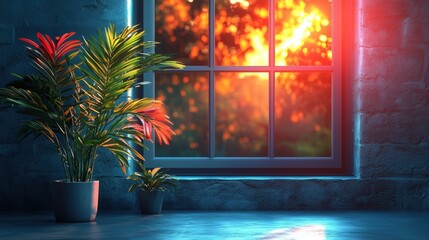 Neon Window: A vibrant indoor scene with a window overlooking a fiery sunset, illuminated by a neon glow.  The lush plants in pots add a touch of nature to the contemporary setting. 