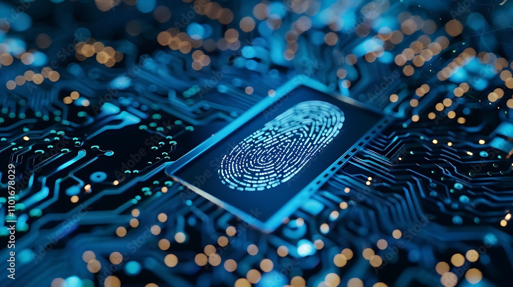Poster a digital fingerprint on a circuit board, symbolizing security and technology integration.