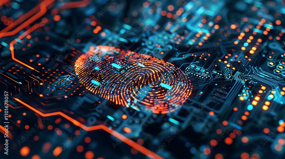 Poster a digital fingerprint overlay on a circuit board, symbolizing cybersecurity and identity verificatio