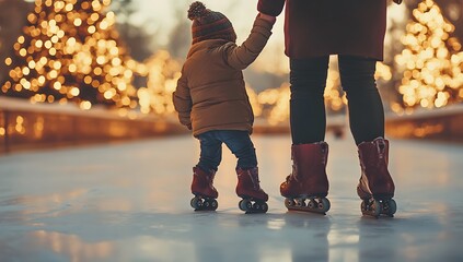  Small Child Holding Father&rsquo;s Hand While Skating on an Ice Rink with Festive Christmas Lights in the Background, A Heartwarming Winter Scene