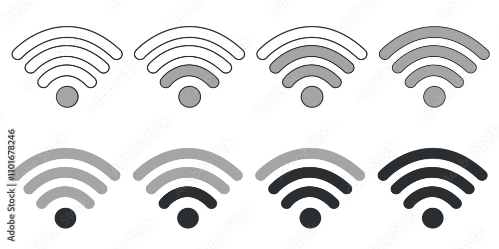 Poster set of wi-fi signal strength icons in grayscale from weak to strong, isolated on a white background.