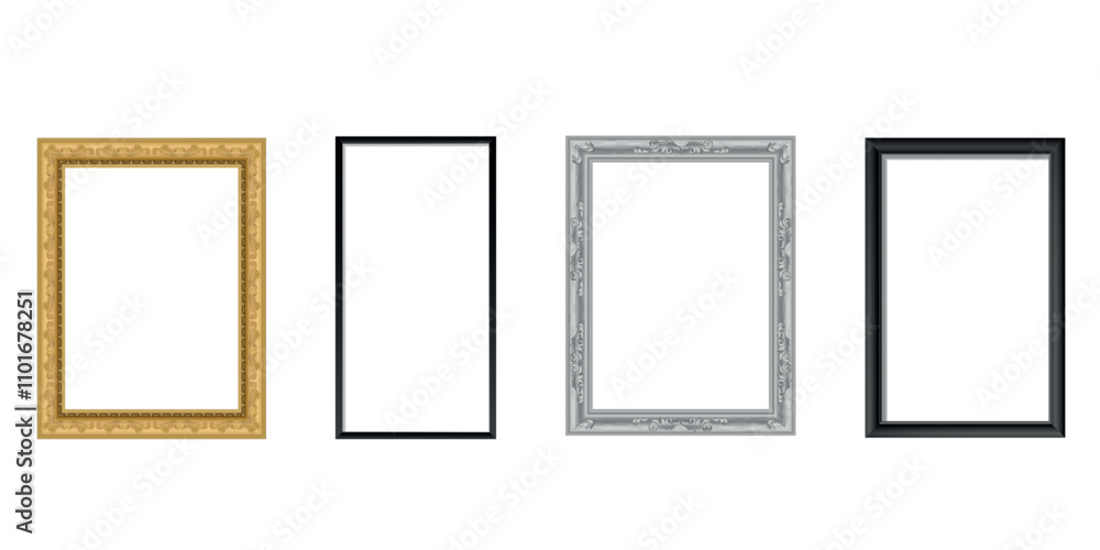 Poster set of empty rectangular frames in beige, black, and golden styles isolated on a white background.