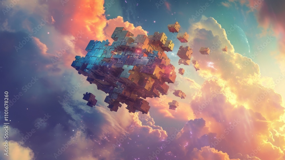 Poster a colorful, surreal image of a puzzle cube floating in the sky surrounded by vivid clouds. the imagi