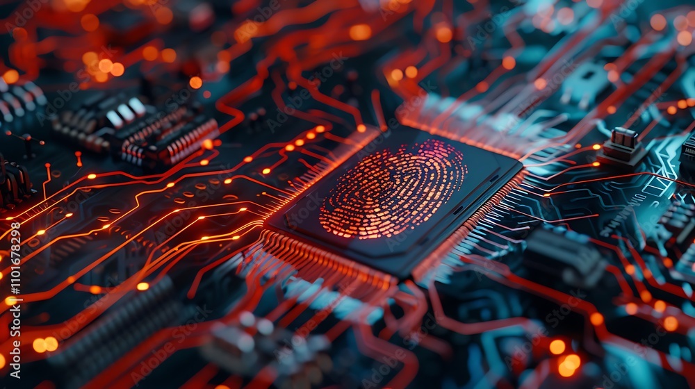 Poster a close-up of a circuit board featuring a glowing fingerprint design, symbolizing technology and sec