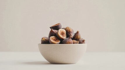 Dried figs piled in a textured cream bowl set against a soft white background, showcasing their rich color and unique shapes.