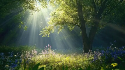 Obraz premium Luminous beams of sunlight filter through lush green trees in a serene woodland, illuminating vibrant wildflowers in a peaceful morning scene.