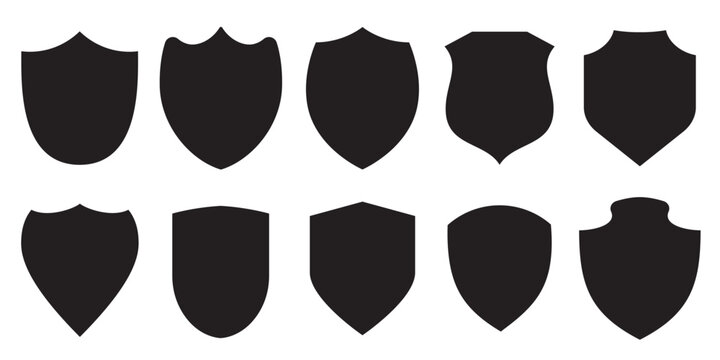 Collection of black shield icons in different shapes isolated on a white background.