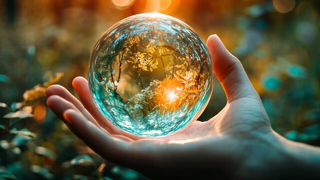 Hand holding a glass sphere reflecting a forest scene at sunset.