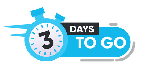 Countdown icon with "3 Days to Go" text and a stopwatch illustration in blue and white colors isolated on a white background.