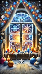 Obraz premium A cozy Christmas window with frosty patterns on the glass, a glowing candle on the windowsill, surrounded by pine garlands and red berries, soft snowfall outside