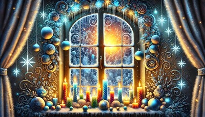 Obraz premium A cozy Christmas window with frosty patterns on the glass, a glowing candle on the windowsill, surrounded by pine garlands and red berries, soft snowfall outside