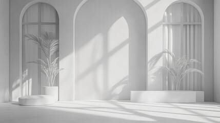Minimalistic monochrome 3D studio backdrop with ample copy space, featuring natural shadows, dappled light, and elegant archways with plant decor.