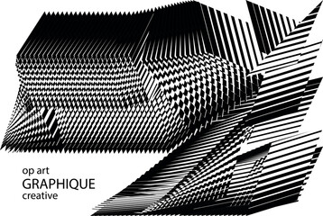 op art creative geometric pattern, abstract halftone lines black and white background, vector modern design element