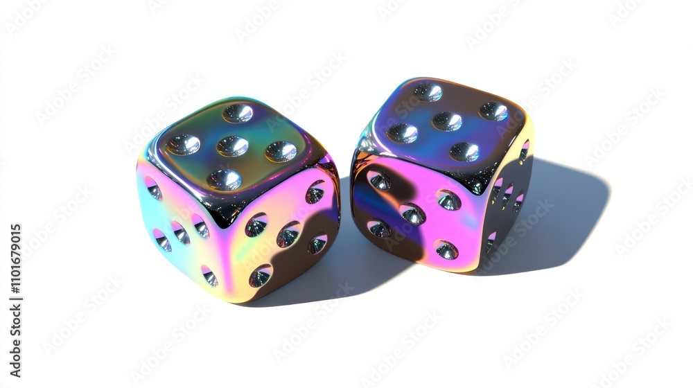 Poster two iridescent metallic dice rest on white background