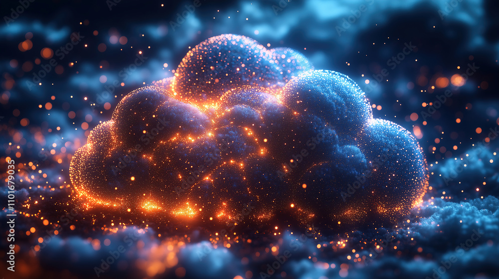 Poster vibrant glowing cloud formation illuminated by sparkling particles in a cosmic environment at night.