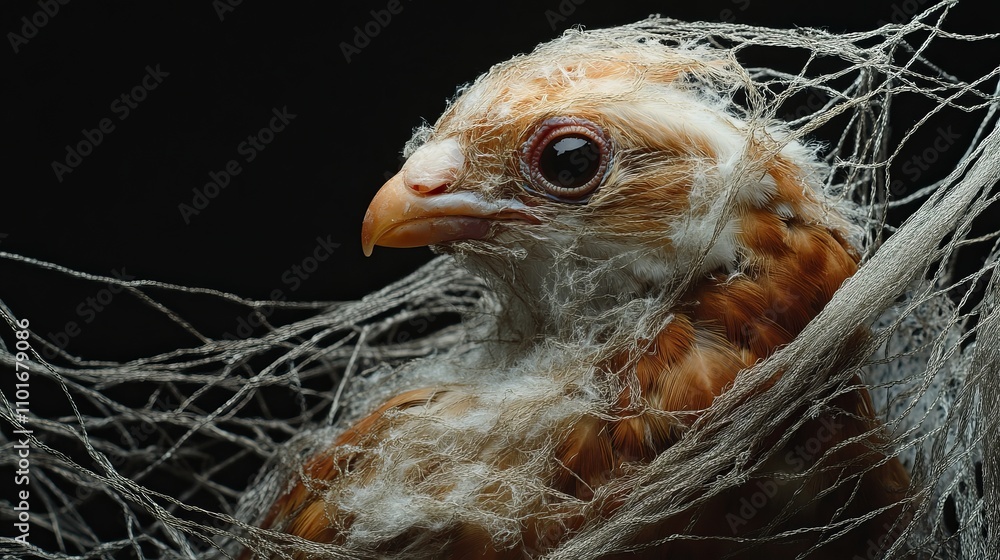 Poster a close-up of a brown bird partially entangled in a fine cobweb, highlighting its intense gaze and i