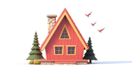 Red Cabin Home with Birds and Evergreen Trees