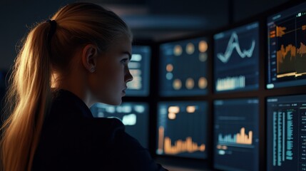 Woman Analyzing Data on Multiple Monitors