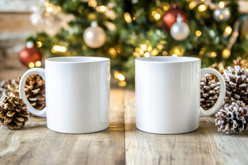 Two white coffee mug mockups, Christmas-themed background, Christmas tree and decorations in background Mock up