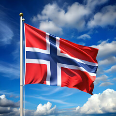 The Norwegian flag waves proudly against a bright blue sky.