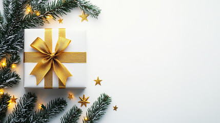 Christmas background with a gift box and golden ribbon, on a white background with pine branches and glowing lights. This design could be used for a Christmas card or greeting banner for the holiday s
