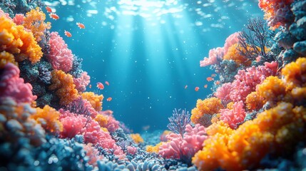Fototapeta premium Vibrant Coral Reef Underwater Paradise: Sunbeams illuminate a breathtaking underwater scene teeming with life, showcasing a vibrant coral reef in a kaleidoscope of colors. 