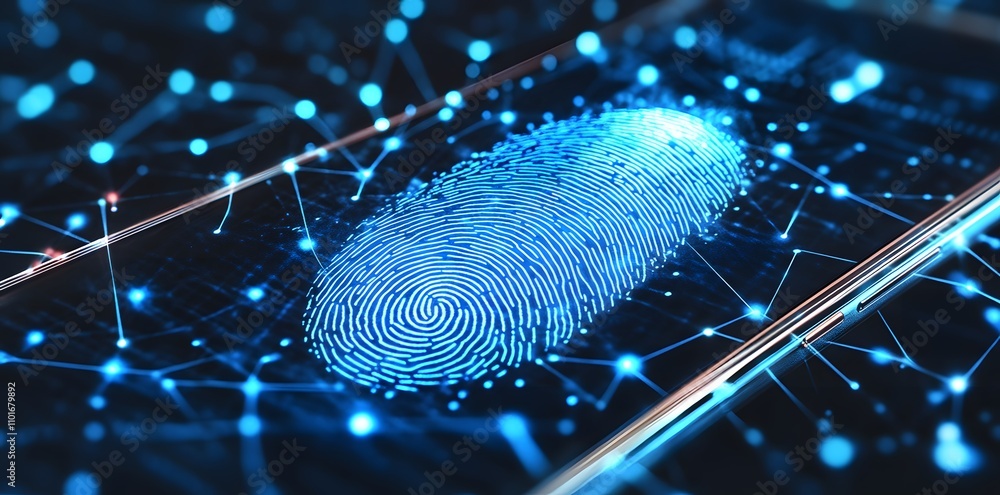 Poster digital fingerprint on a smartphone screen, symbolizing biometric security technology.