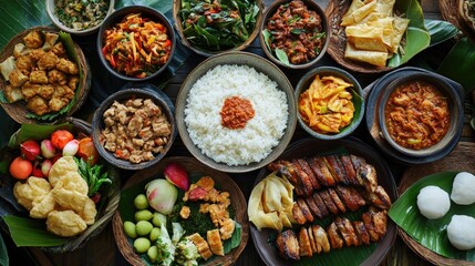 Bird's eye view of assorted gourmet dishes featuring vibrant ingredients, rice, grilled meats, and a colorful array of sides served on banana leaves.