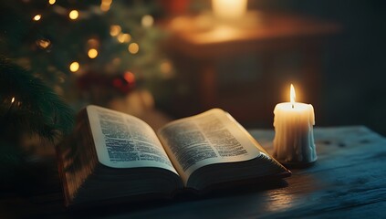  Open Bible and Candle on a Table in a Warm Home Setting, Perfect for Christmas Reflections and Contemplative Messages
