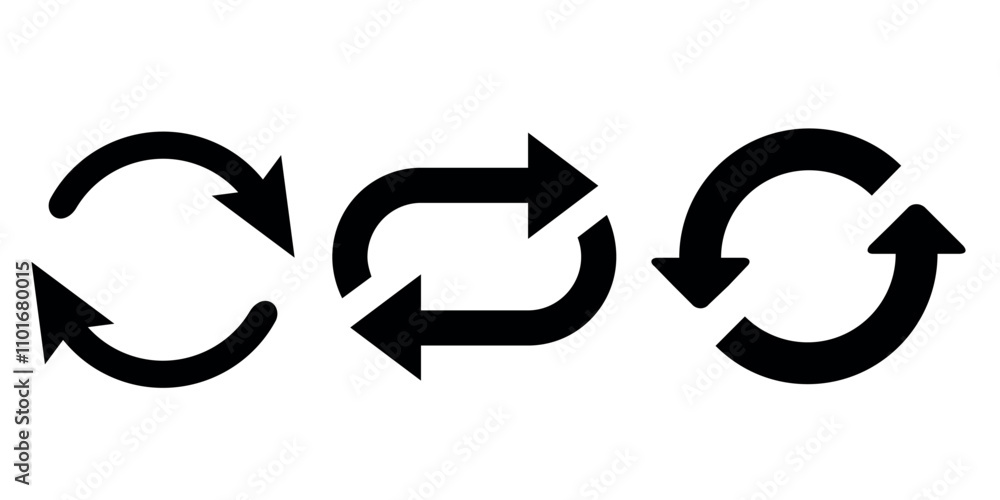 Poster set of black refresh and repeat arrow icons in different styles, isolated on a white background.