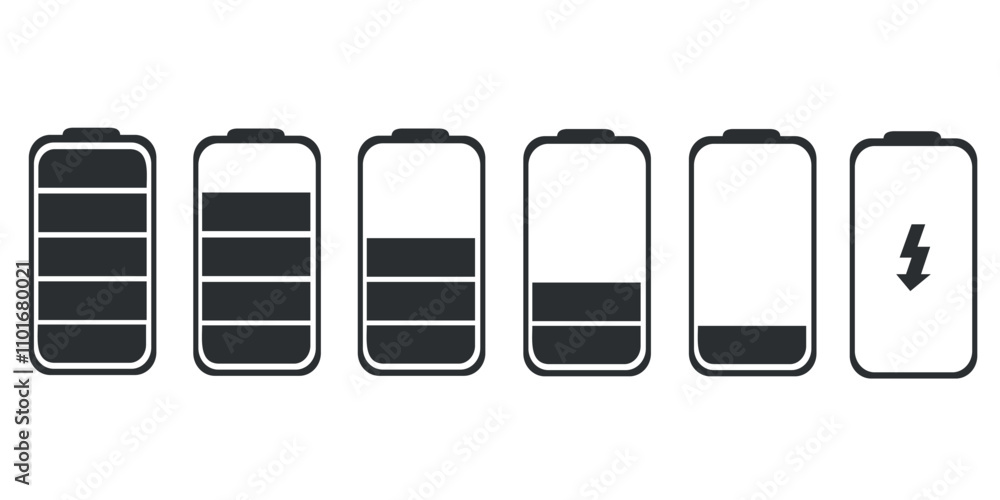Poster set of black and white battery icons showing charge levels from full to empty, including one with a 