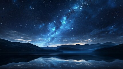 Naklejka premium A stunning starry night sky reflects in a tranquil lake, enhanced by rolling hills and wispy clouds.
