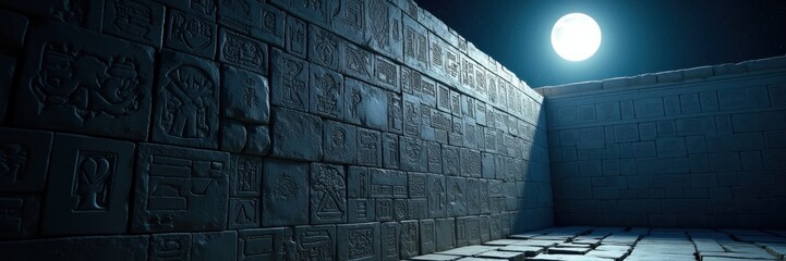 Obraz premium Experience the mystique of ancient Egypt with this captivating image, showcasing illuminated hieroglyphics and shadows in a timeless, historical setting.