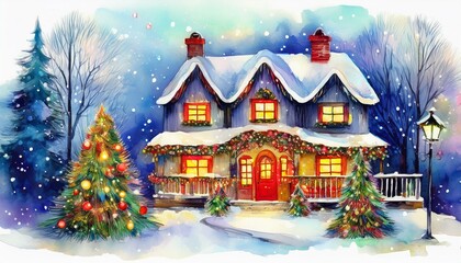 Fototapeta premium House with lots of lights at Christmas, painted watercolor drawing art design