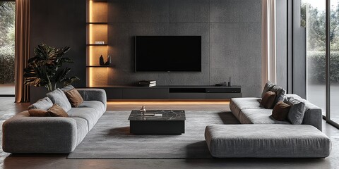 Fototapeta premium Gray sofa and tv unit in loft interior design of modern living room, interior design decoration and ideas