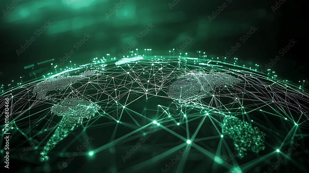Poster global network: a luminous green digital representation of interconnected world data.