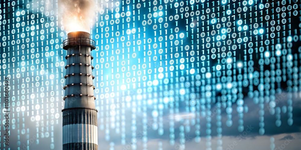 Wall mural factory chimney emitting binary code instead of smoke - digital transformation in industry