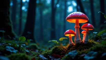 Fototapeta premium A vividly glowing mushroom in a forest setting at night with dark woods.
