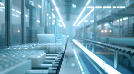 Obraz premium A high-tech industrial facility with machinery and containers, indicating a production or processing environment.