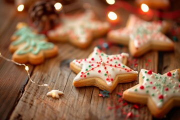 Festive star-shaped christmas cookies with icing