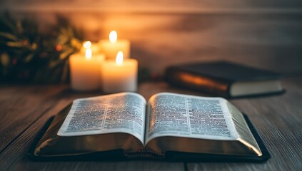  Open Bible and Candle on a Table in a Warm Home Setting, Perfect for Christmas Reflections and Contemplative Messages