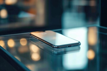 Sleek Smartphone Rests on Glass Surface Display
